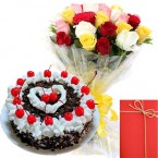 send Eggless Black Forest Cake with Mix Roses Bunch Card delivery