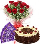 send Black Forest Cake Half Kg Red Roses Bouquet n Chocolate  delivery