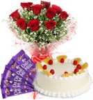 send Pineapple Cake Half Kg Red Roses Bouquet n Chocolate delivery