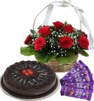 send Half Kg Chocolate Cake Red Roses Basket n Chocolate  delivery