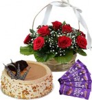 send Half Kg Butterscotch Cake Red Roses Basket n Chocolate delivery