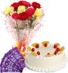 send Pineapple Cake Half Kg Carnations Bouquet n Chocolate  delivery