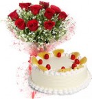 send Eggless Pineapple Cake N Red Roses Bouquet delivery