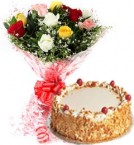 send 1Kg Eggless Butterscotch Cake N Mix Roses Bouquet delivery