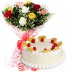 send 1Kg Eggless Pineapple Cake N Mix Roses Bouquet delivery