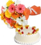 send Eggless Pineapple Cake Half Kg N Gerberas Bouquet delivery