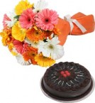 send Eggless Chocolate Truffle Cake Half Kg N Gerberas Bouquet delivery