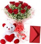 send 10 Red Roses Bouquet n Cute Teddy delivery