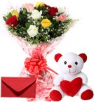 send 10 Mix Roses Bouquet N Cute Teddy delivery