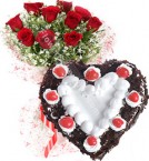 send 1kg Heart Shaped Black Forest Cake with Red Roses Bunch delivery