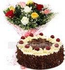 send 1Kg Black Forest Cake N Mix Roses Bouquet delivery