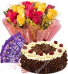 send Eggless 500gms Black Forest Cake  Red Yellow Roses n Chocolate Gift delivery