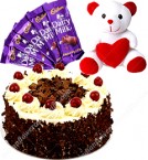 send Black Forest Eggless Cake Half Kg Chocolate n Teddy delivery