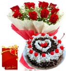 send Eggless 1KG Black Forest Cake Roses bouquet Greeting Card delivery