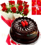 send Eggless 1Kg Chocolate Truffle Cake Roses bouquet Greeting Card delivery