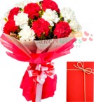 send 10 Red n White Carnations bouquet n Card delivery