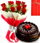 send Half Kg Eggless Chocolate Cake N 10 Red Roses Bouquet n Greeting Card delivery