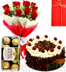 send Half Kg Black Forest cake Red Roses Flower Bouquet Ferrero Rocher Chocolate delivery