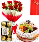 send Half Kg Black fruits cake 10 Red Roses Flower Bouquet 16 Ferrero Rocher Chocolate delivery