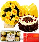 send Half Kg Black Forest cake Yellow Roses Flower Bouquet Ferrero Rocher Chocolate delivery