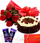 send Half Kg Black Forest Cake Round Shape  Red Roses Bunch Dairy Milk Chocolate Greeting delivery