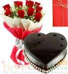 send 1kg Heart Shaped Chocolate Cake with Red Roses Bunch delivery