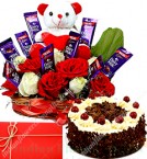 send Eggless 500gms Black Forest Cake n Special teddy Roses Flower Chocolate Bouquet delivery