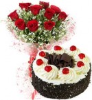 send 1Kg Eggless Black Forest Cake N Red Roses Bouquet delivery