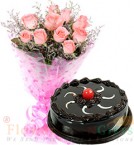 send Half Kg Chocolate Cake n Pink Roses Flower Bouquet delivery