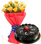 send Half Kg Chocolate Cake n Yellow Roses Flower Bouquet delivery