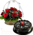 send Chocolate Traffle Cake Half Kg N Red Roses Basket delivery