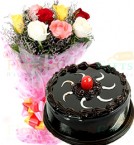 send 500gms Chocolate Truffles Cake with Mix Roses Bunch delivery