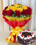 send Black Forest Cake Half Kg with Yellow Red Roses Bouquet n Card delivery