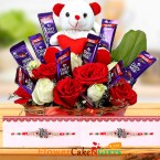 send Designer Rakhi Teddy Flower Chocolate Bouquet delivery