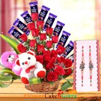 send Designer Rakhi Teddy Flower Chocolate Bouquet delivery