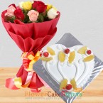 send half kg eggless heart shape pineapple cake mix roses bouquet delivery