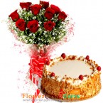 send Eggless Butterscotch Cake N Red Roses Bouquet delivery