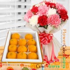 send 500 gms pure ghee laddu sweet box and carnation flower bouquet delivery
