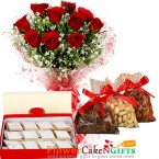 send Orderhalf kg dry fruits half kg kaju barfi n roses bouquet Delivery