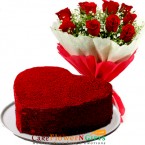 send 1Kg heart shaped red velvet cake n 10 Red roses flower bouquet delivery