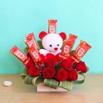 send Red Roses teddy Kitkat Chocolates Bouquet delivery