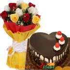 send half kg heart shaped choco vanilla cake n 10 mix roses  delivery