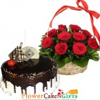 send half kg choco vanilla cake n 15 red roses basket delivery