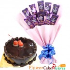 send half kg chocolate cake n cadbury dairy milk chocolate bouquet delivery