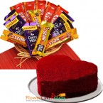 send 1 kg red velvet heart cake n chocolate basket delivery