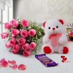 send 15 pink roses bouquet teddy and 1 dairy milk silk chocolate bar delivery