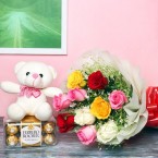 send 10 mixed colored roses teddy n box of 16 ferrero rocher chocolates delivery