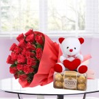 send 20 red roses 16 ferrero rocher chocolate teddy bear delivery