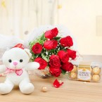 send 10 red colored roses teddy n box of 16 ferrero rocher chocolates delivery