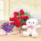 send 10 red colored roses teddy n 5 chocolates delivery